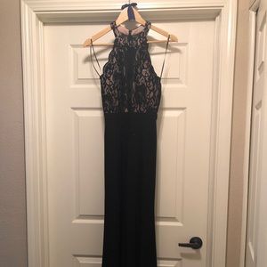 Lace and glitter high-neck a-line gown